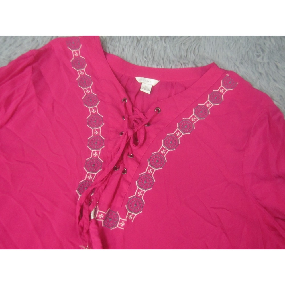 Cato Womens Shirt XL Long Sleeve Pink Casual Loose Fit Tie Neck Embroidered - Picture 3 of 9